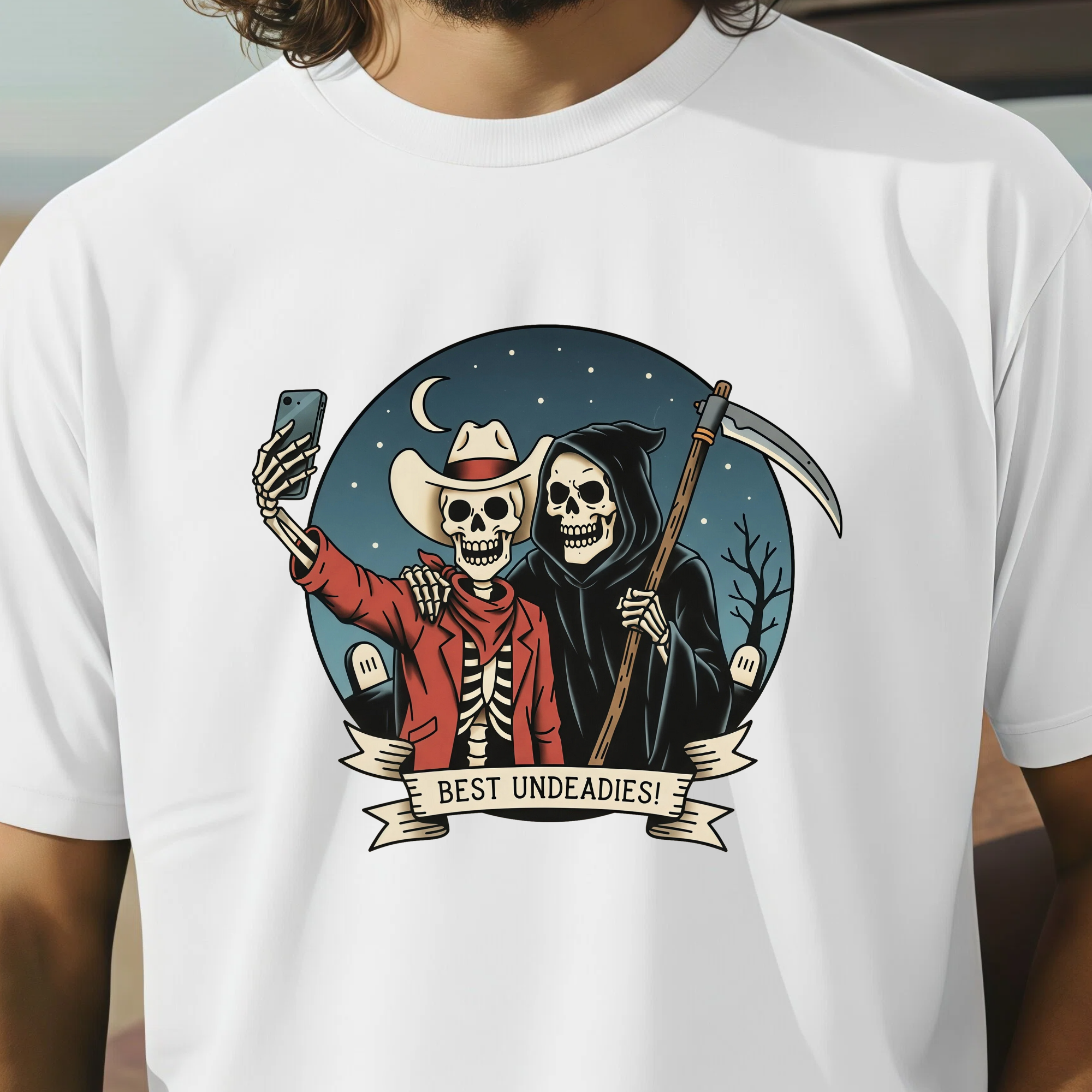 Best Undeadies Cowboy & Grim Reaper T-Shirt, Western Skeleton Graphic Tee