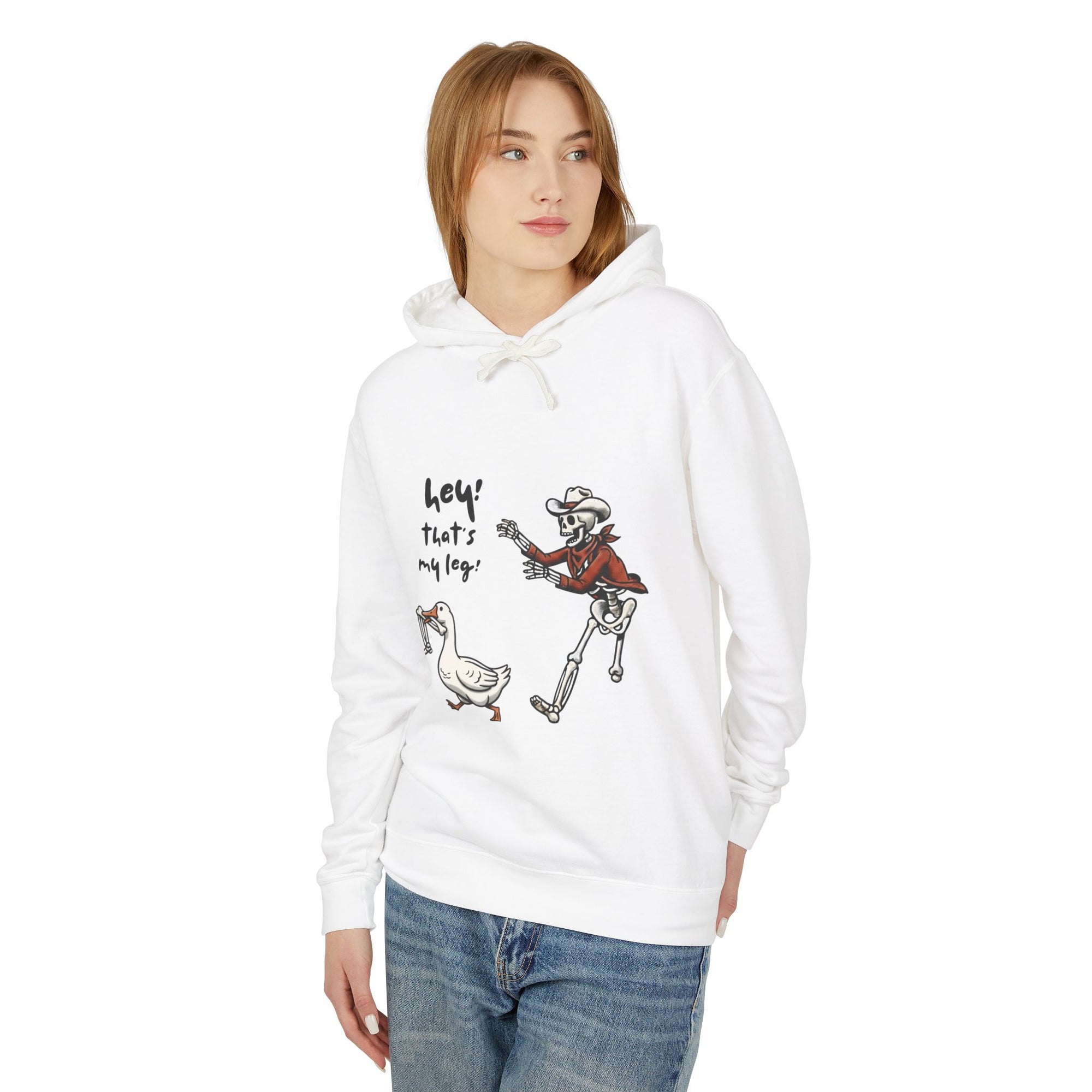 Hey! That’s My Leg! Funny Skeleton Cowboy Hoodie - Western Goose Halloween Sweatshirt