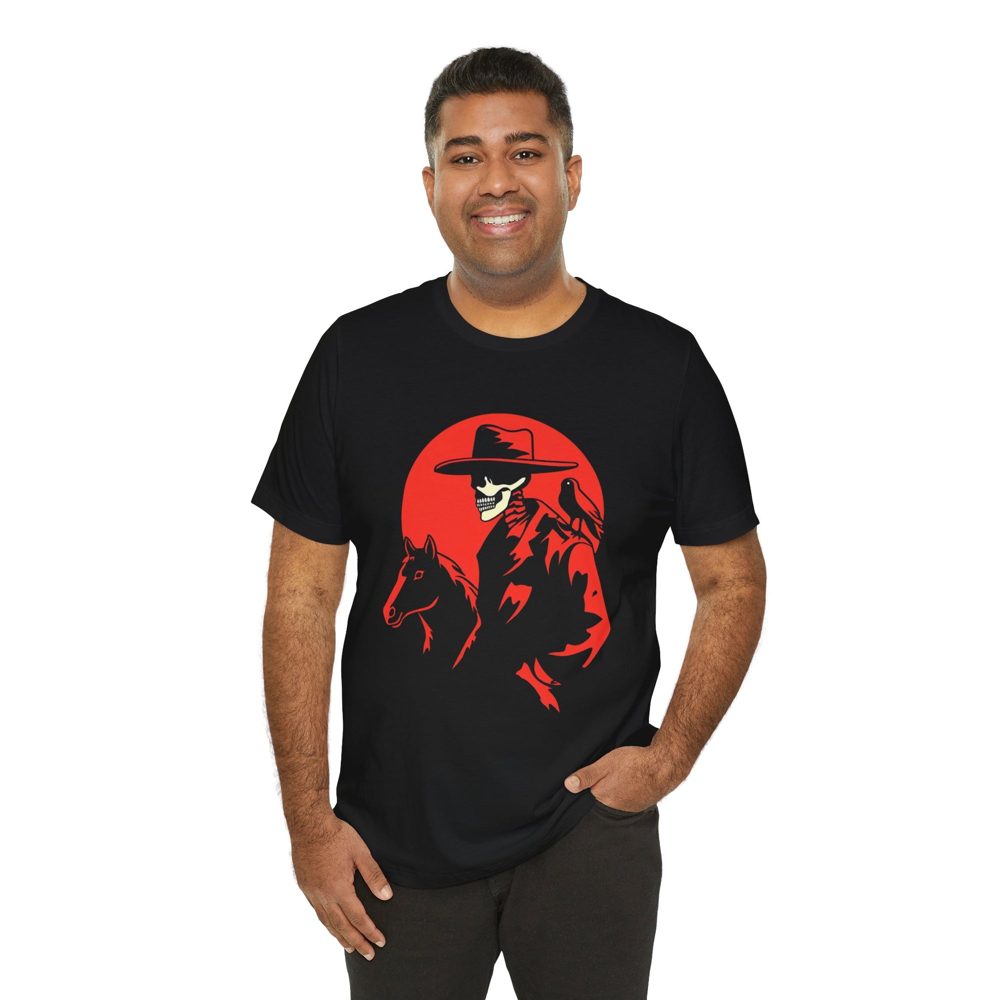 Skeleton Cowboy with Horse & Crow – DarkWildWest Unisex T-Shirt