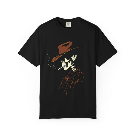 Smoking Skeleton Cowboy Graphic Tee – DarkWildWest Unisex T-Shirt