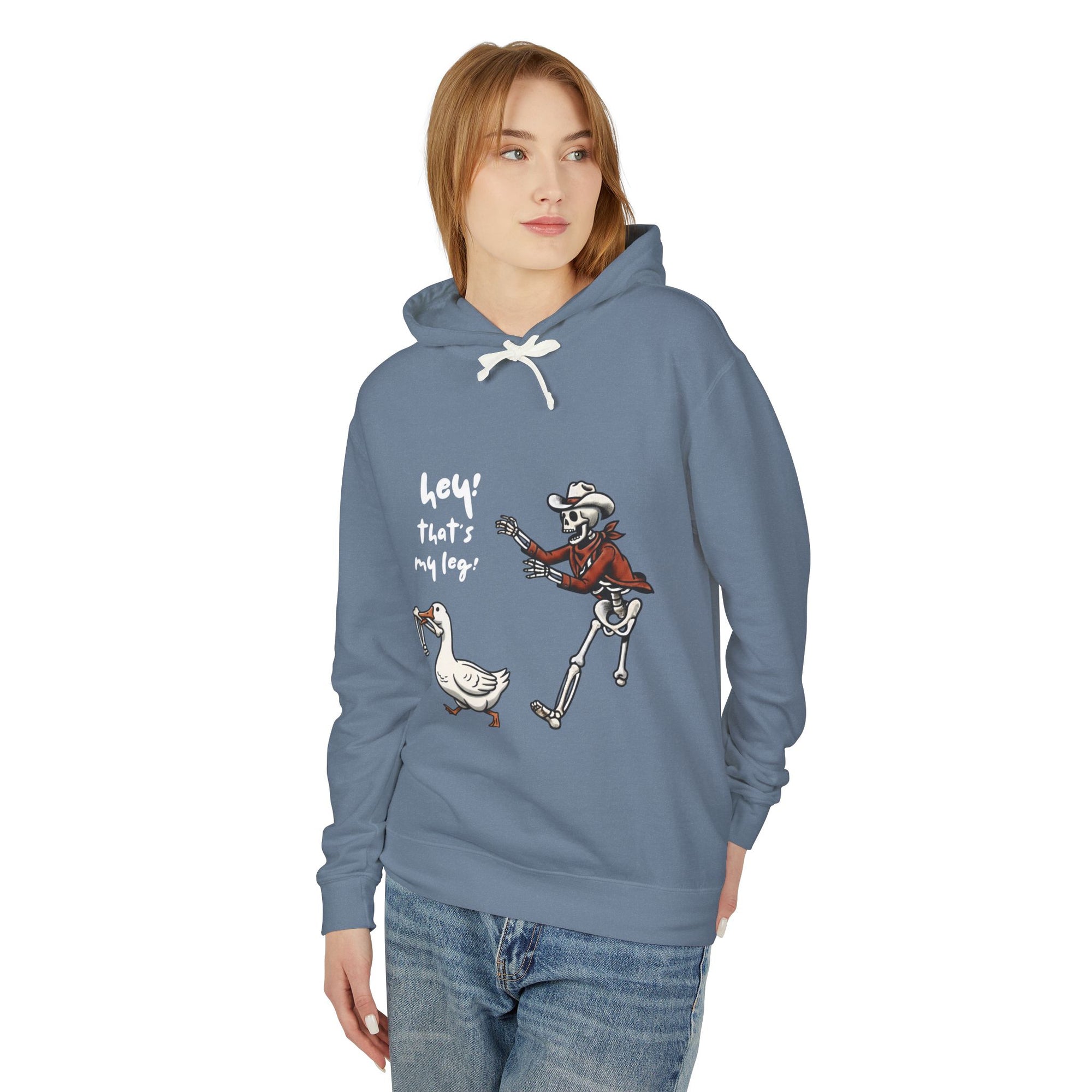 Hey! That’s My Leg! Funny Skeleton Cowboy Hoodie - Western Goose Halloween Sweatshirt