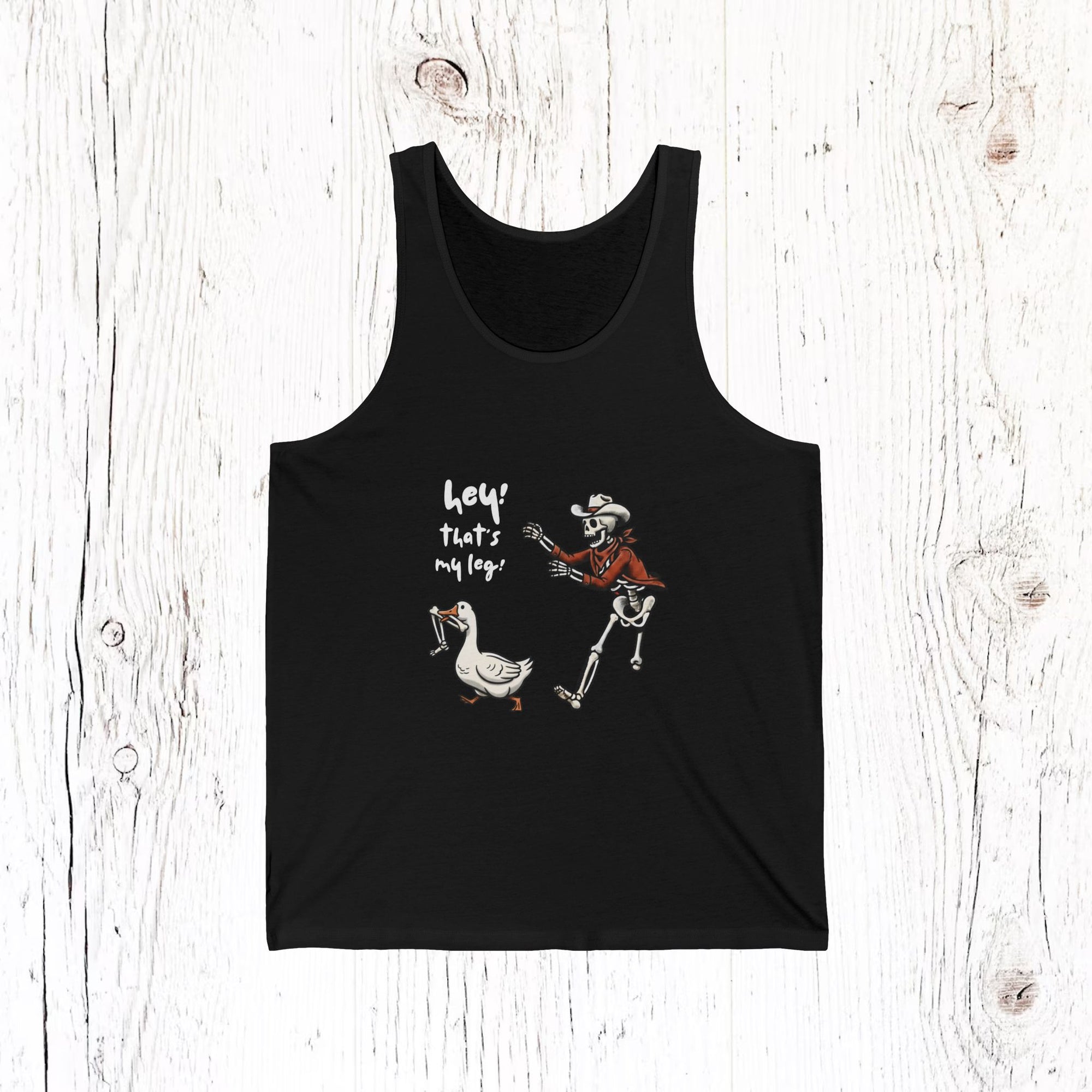 Hey! That’s My Leg! Funny Skeleton Cowboy Tank Top - Western Goose Summer Tee