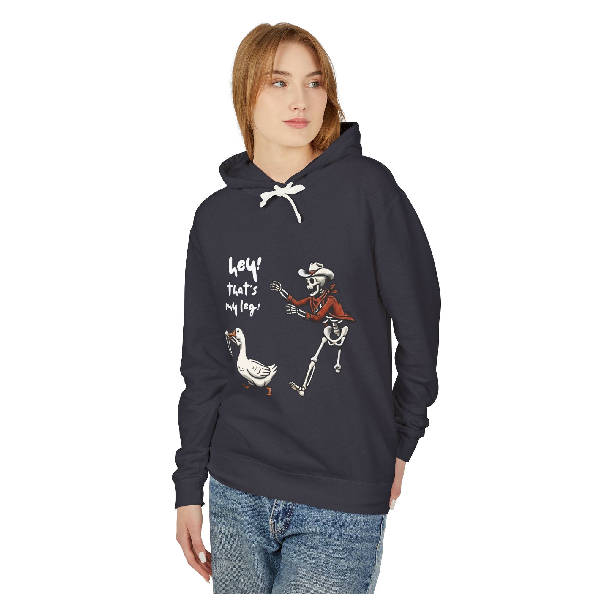 Hey! That’s My Leg! Funny Skeleton Cowboy Hoodie - Western Goose Halloween Sweatshirt