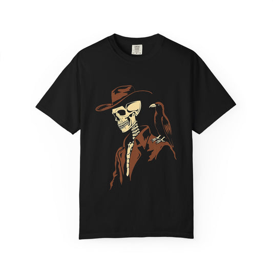 Skeleton Cowboy with Crow Graphic Tee – DarkWildWest Unisex T-Shirt