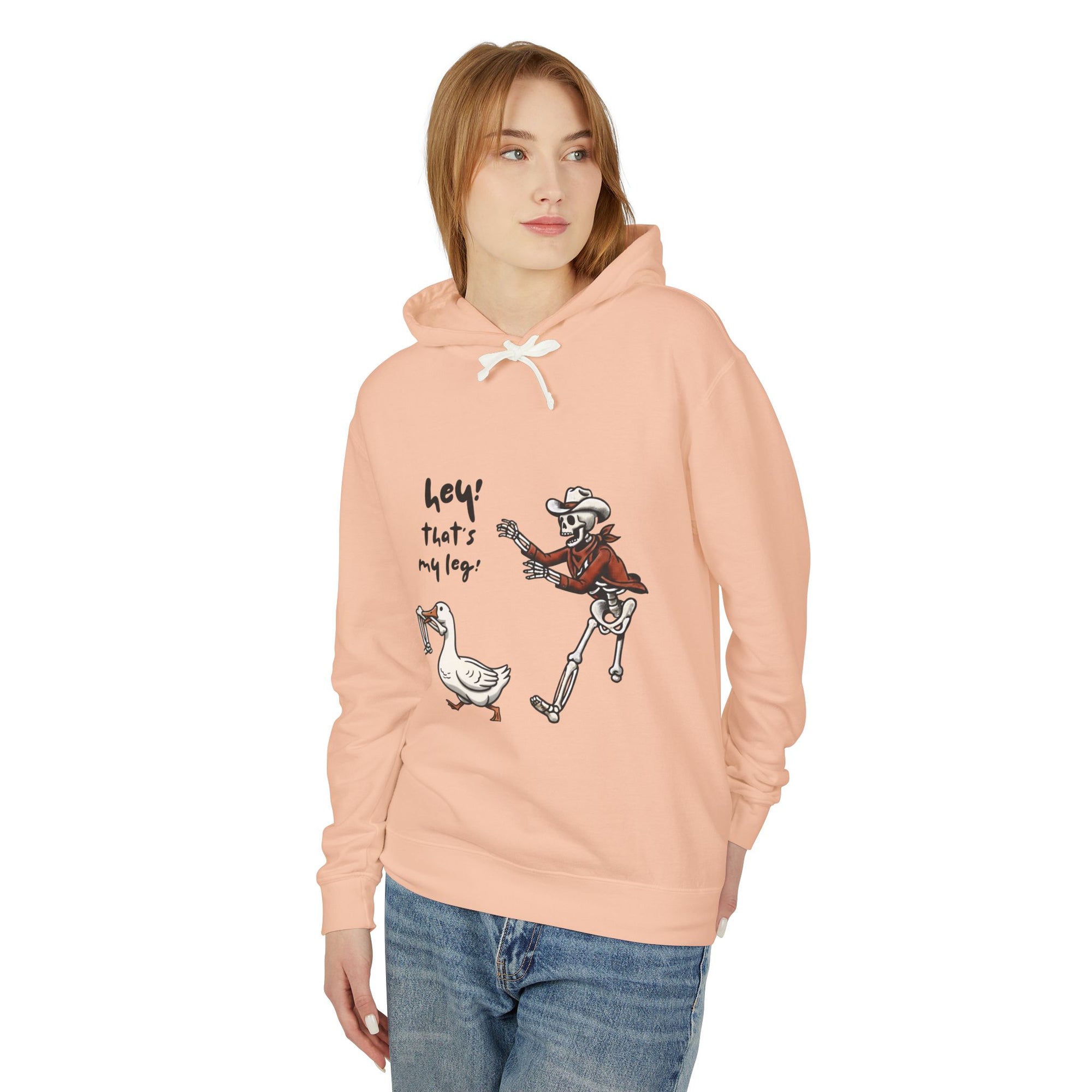 Hey! That’s My Leg! Funny Skeleton Cowboy Hoodie - Western Goose Halloween Sweatshirt