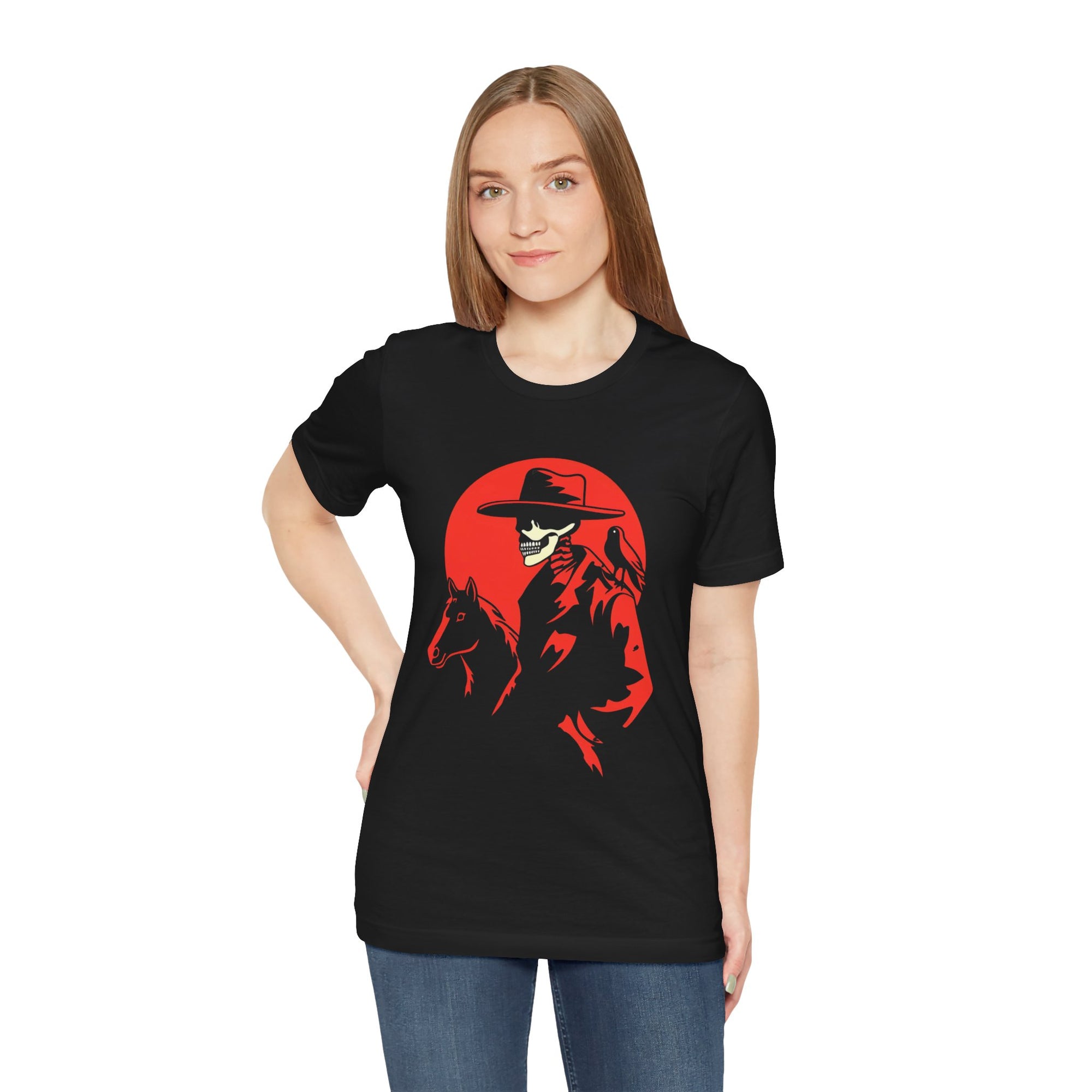 Skeleton Cowboy with Horse & Crow – DarkWildWest Unisex T-Shirt