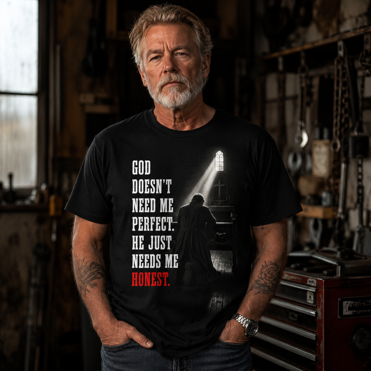 God Doesn’t Need Me Perfect, Just Honest – Christian Faith T-Shirt