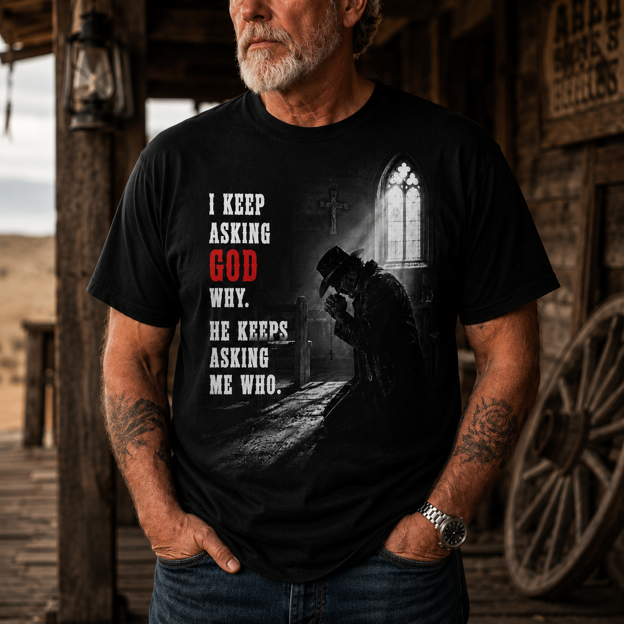Religious Prayer T-Shirt -"I Keep Asking God Why. He Keeps Asking Me Who."