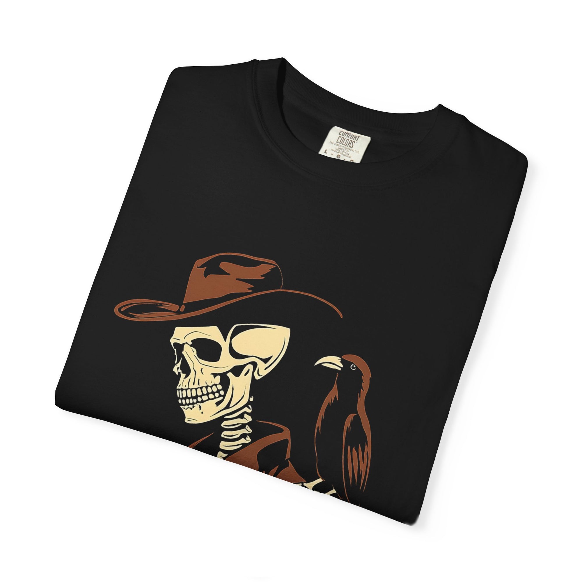 Skeleton Cowboy with Crow Graphic Tee – DarkWildWest Unisex T-Shirt