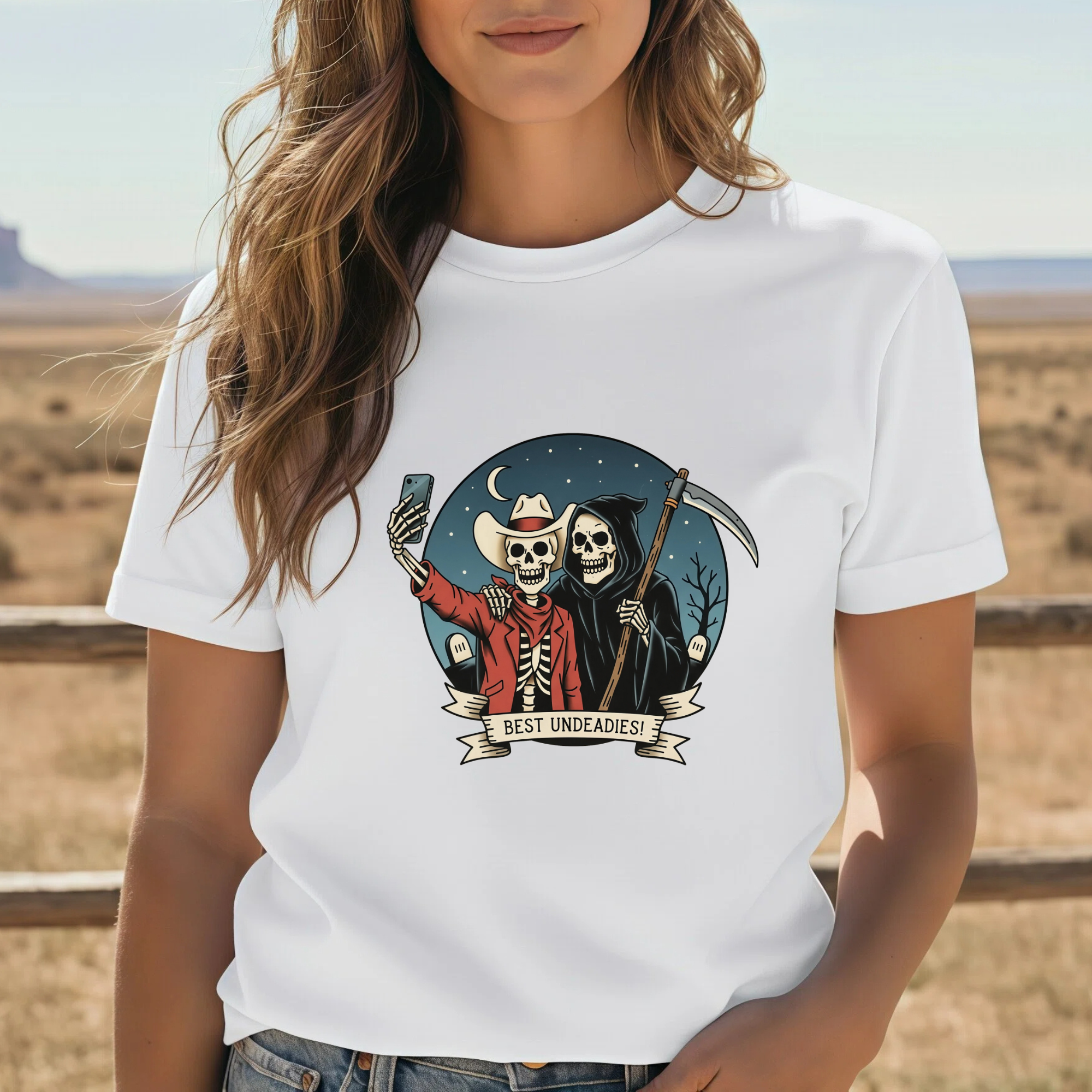 Best Undeadies Cowboy & Grim Reaper T-Shirt, Western Skeleton Graphic Tee