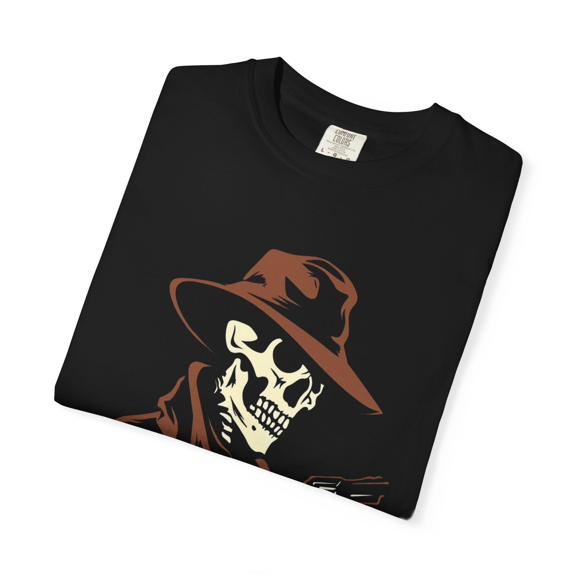 Skeleton Cowboy with Revolver Graphic Tee – DarkWildWest Unisex T-Shirt