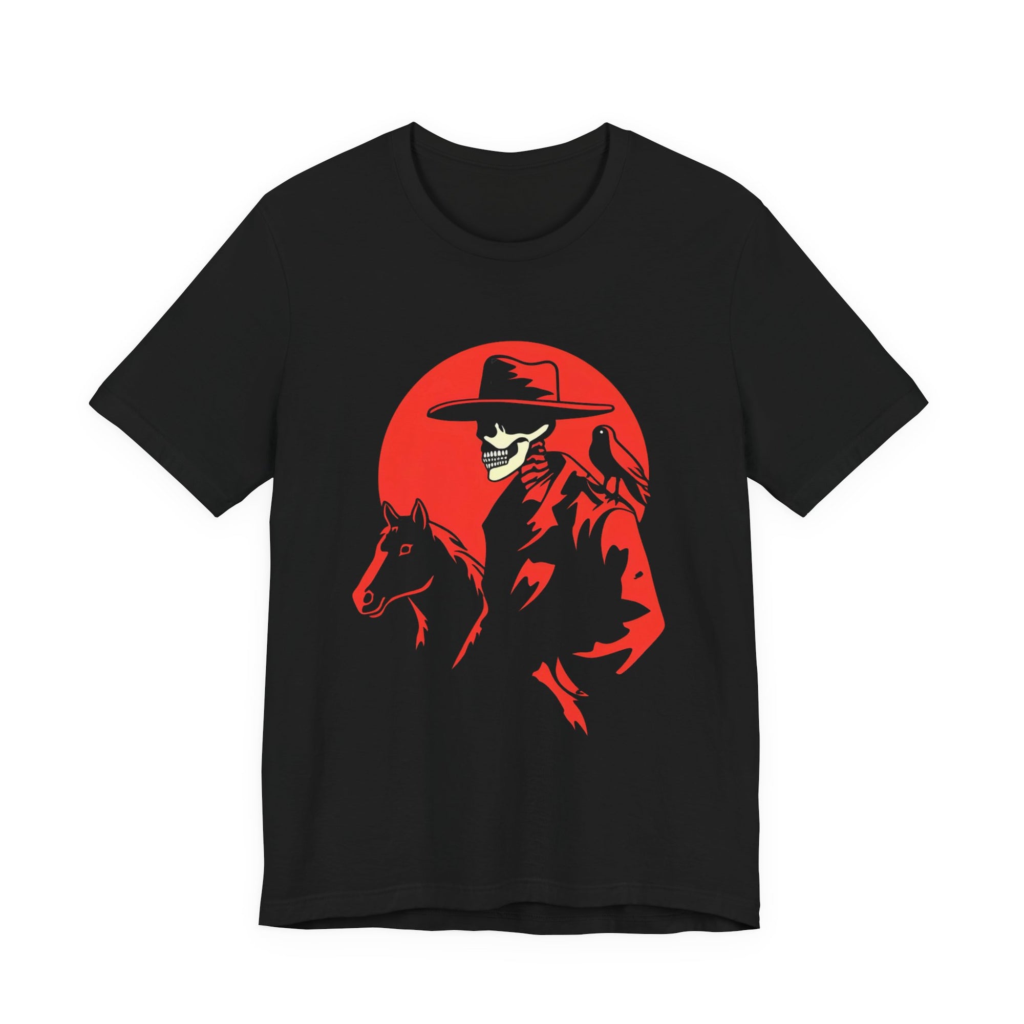 Skeleton Cowboy with Horse & Crow – DarkWildWest Unisex T-Shirt