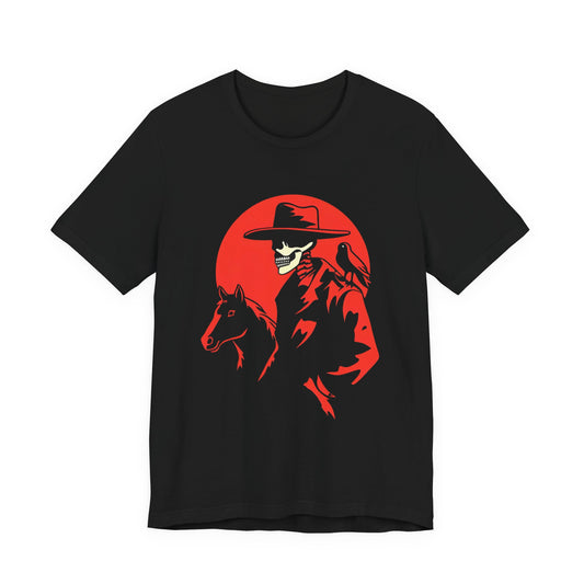 Skeleton Cowboy with Horse & Crow – DarkWildWest Unisex T-Shirt