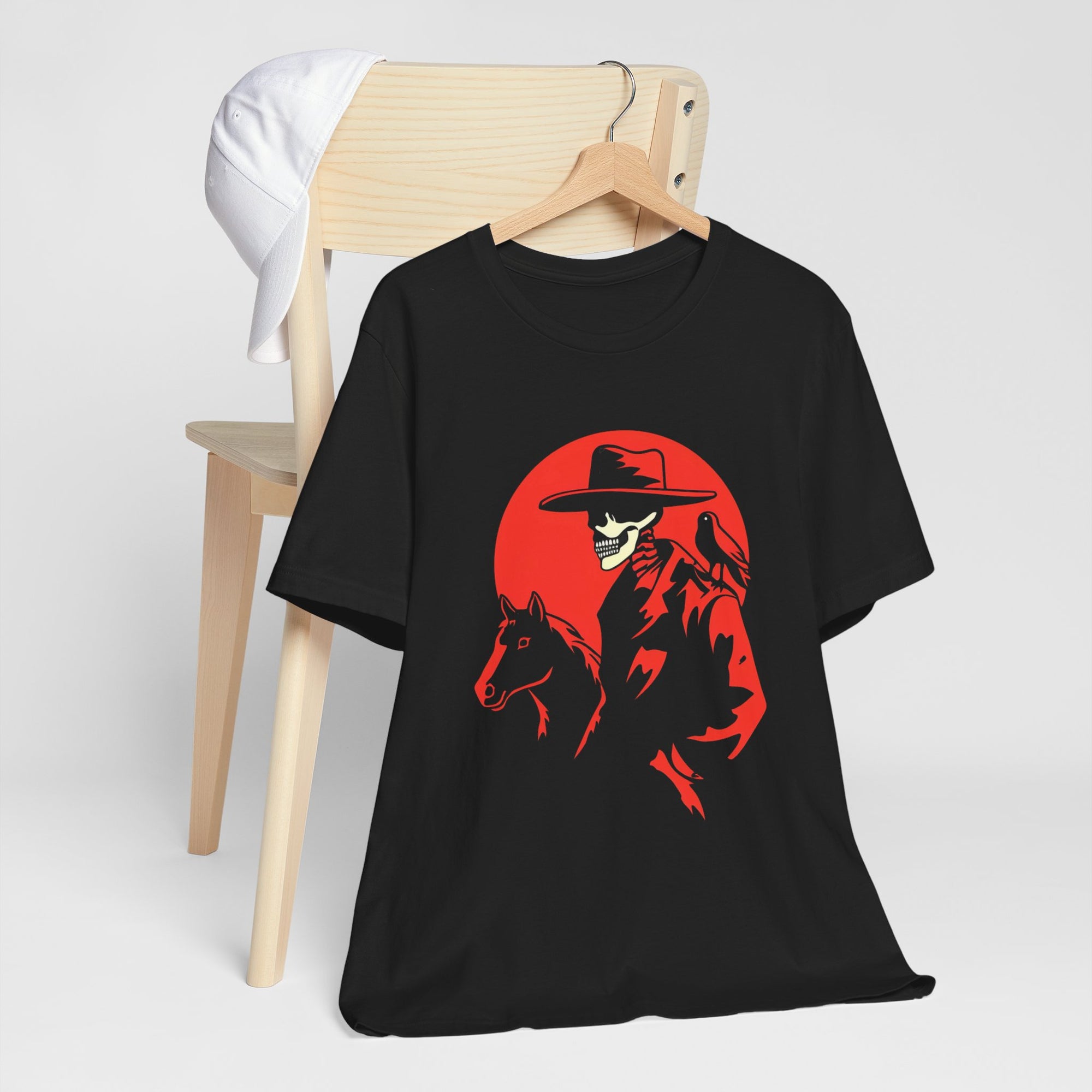 Skeleton Cowboy with Horse & Crow – DarkWildWest Unisex T-Shirt