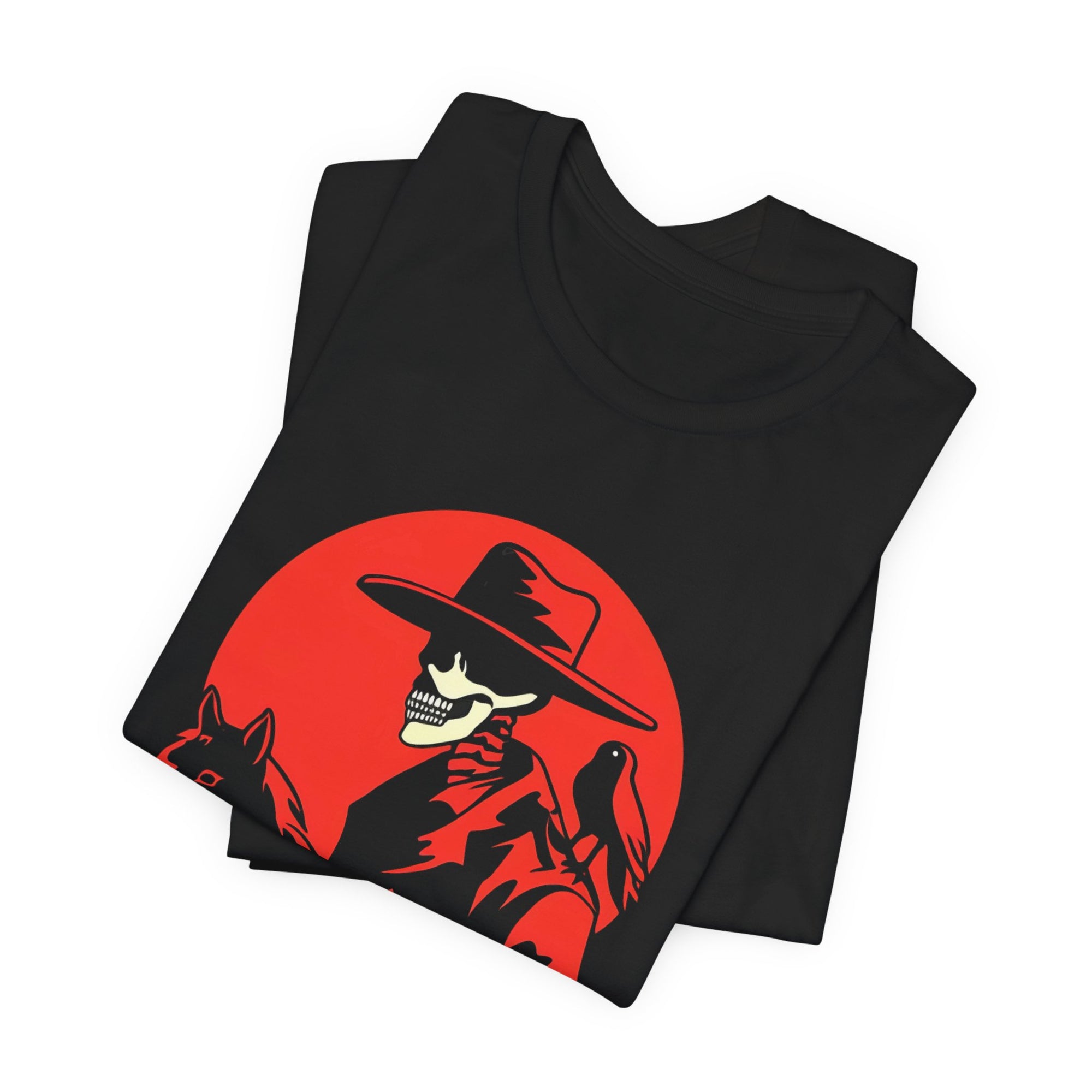 Skeleton Cowboy with Horse & Crow – DarkWildWest Unisex T-Shirt