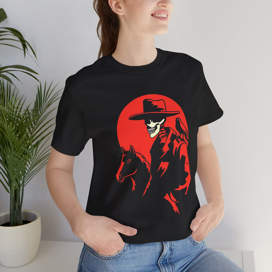 Skeleton Cowboy with Horse & Crow – DarkWildWest Unisex T-Shirt