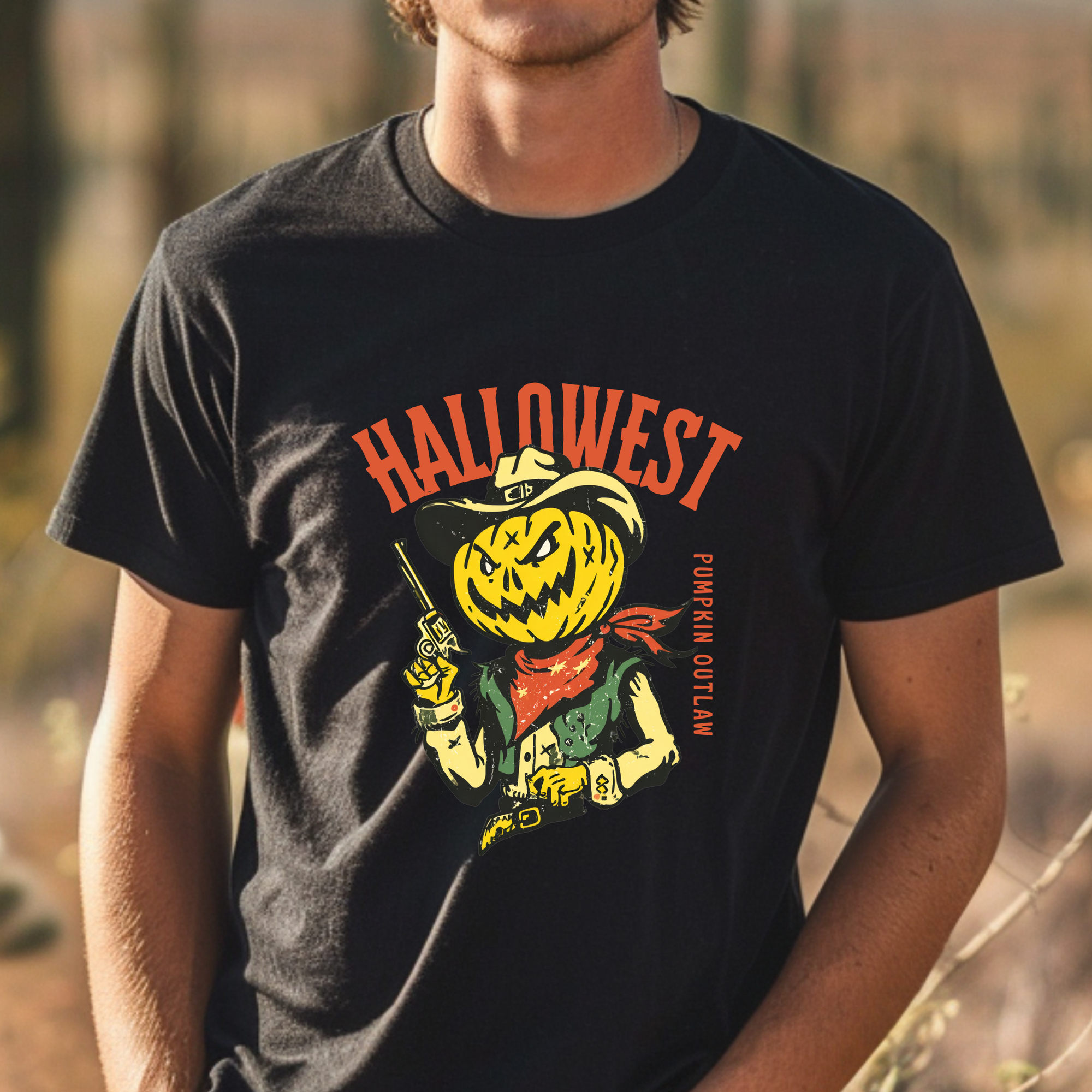 Pumpkin Gunslinger Halloween Cowboy T-Shirt – Dark Wild West Outlaw Style