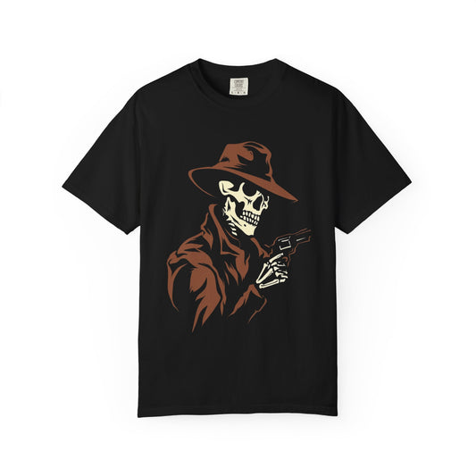 Skeleton Cowboy with Revolver Graphic Tee – DarkWildWest Unisex T-Shirt