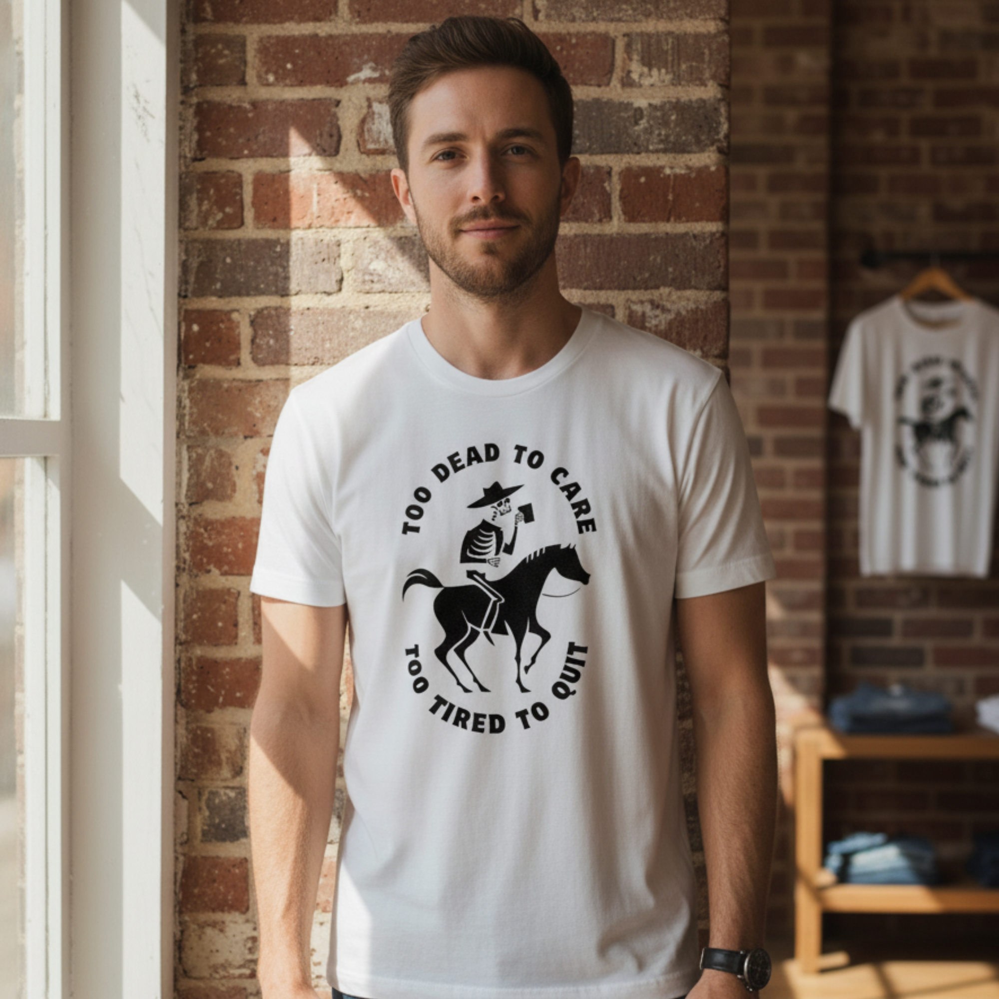 Too Dead To Care - Too Tired To Quit Shirt, Skeleton Cowboy Coffee Tee