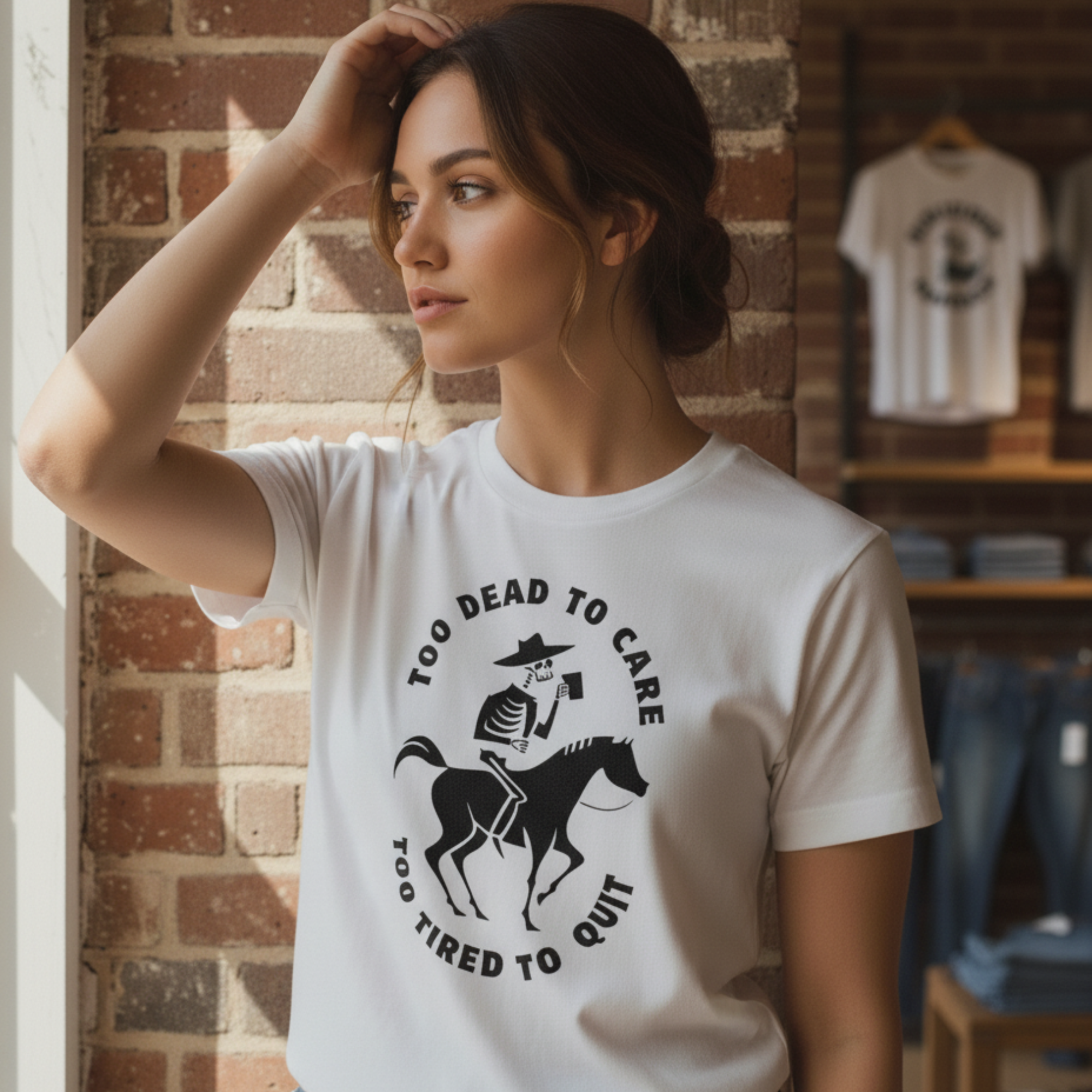 Too Dead To Care - Too Tired To Quit Shirt, Skeleton Cowboy Coffee Tee