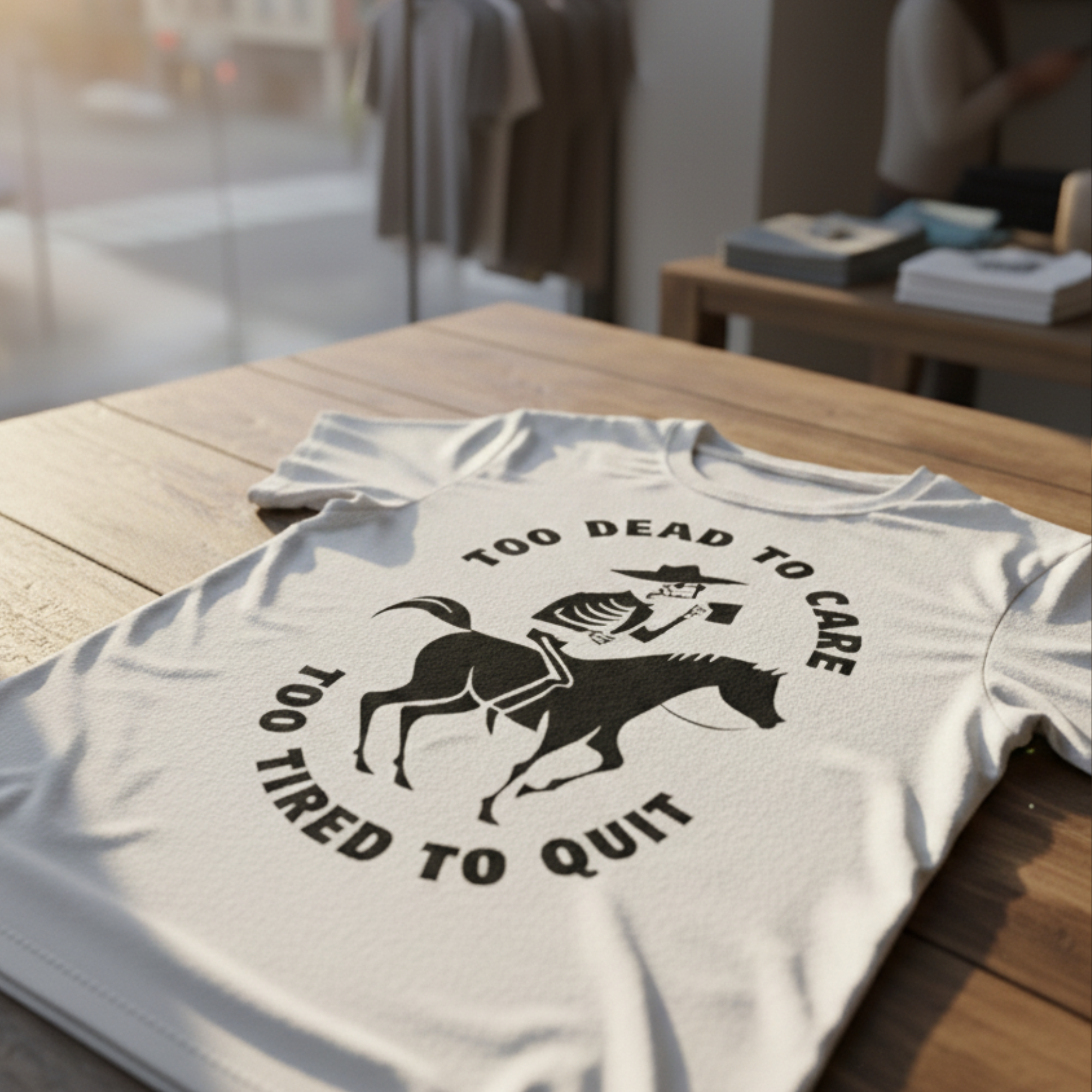 Too Dead To Care - Too Tired To Quit Shirt, Skeleton Cowboy Coffee Tee