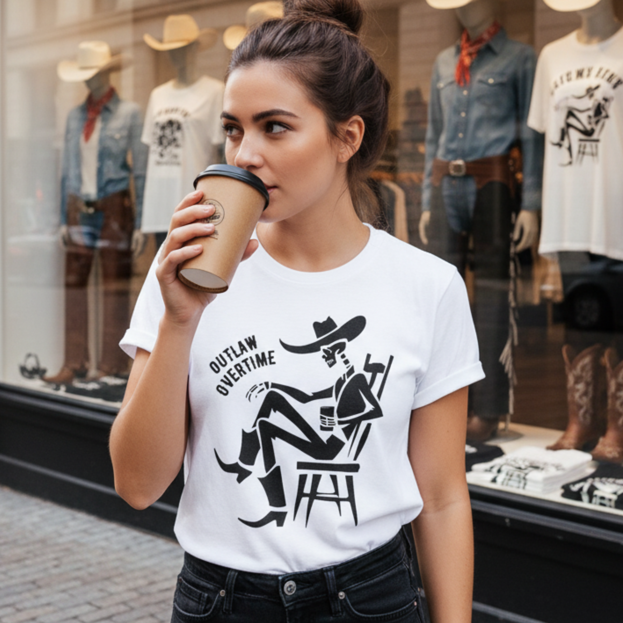 Outlaw Overtime Cowboy T-Shirt, Western Skeleton Graphic Tee