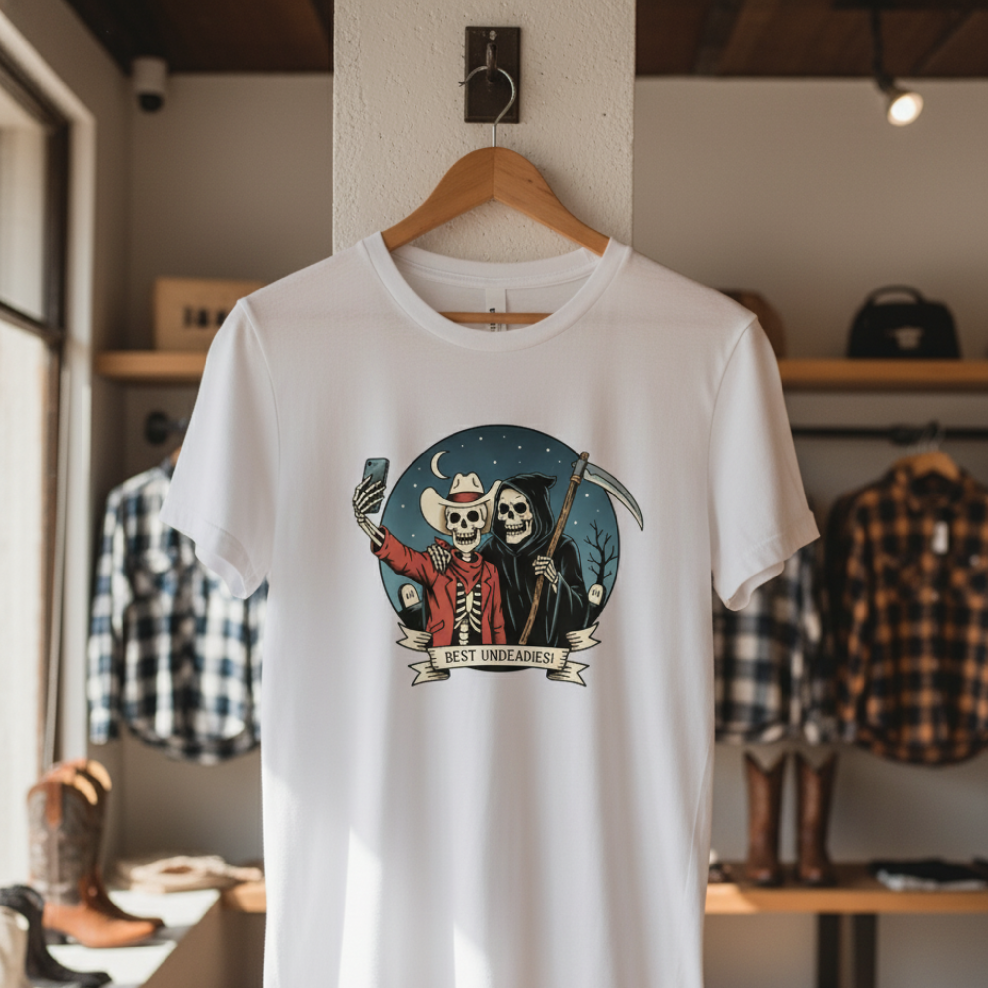 Best Undeadies Cowboy & Grim Reaper T-Shirt, Western Skeleton Graphic Tee