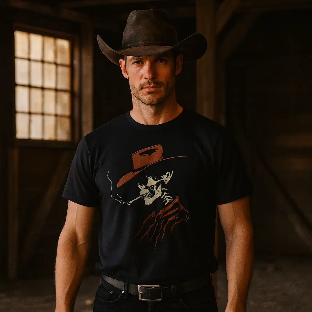 Smoking Skeleton Cowboy Graphic Tee – DarkWildWest Unisex T-Shirt