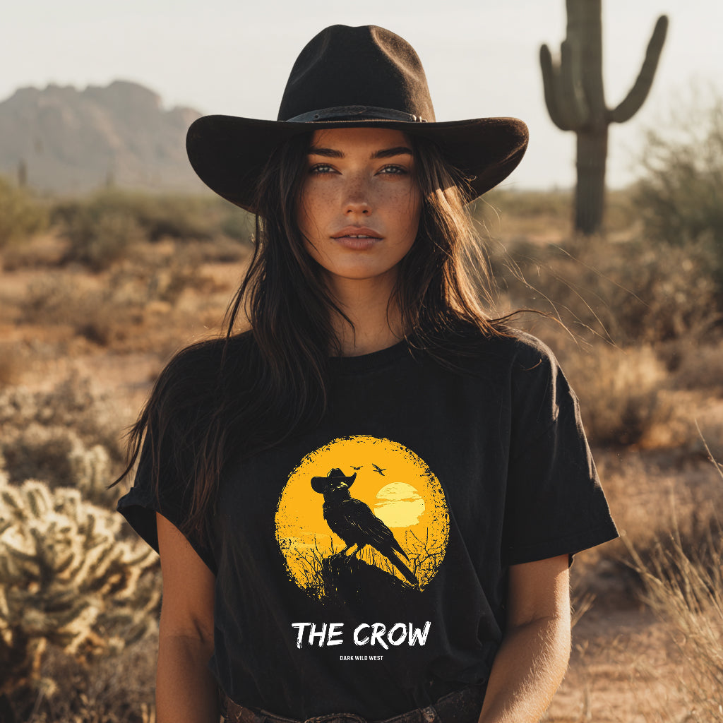 The Crow Cowboy Sunset – DarkWildWest Unisex T-Shirt