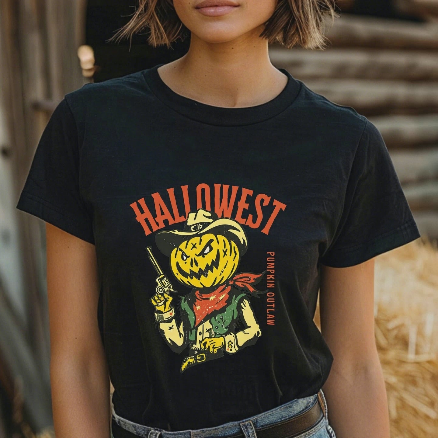 Pumpkin Gunslinger Halloween Cowboy T-Shirt – Dark Wild West Outlaw Style