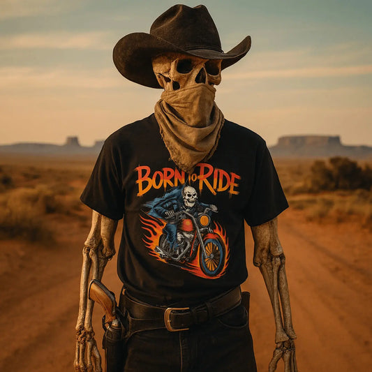 Born to Ride Skeleton Biker – DarkWildWest Unisex T-Shirt
