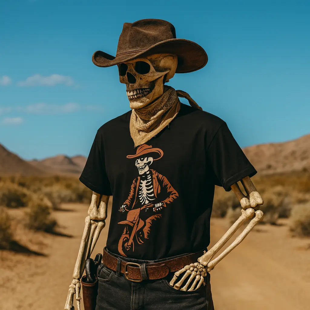 Skeleton Cowboy Riding Motorcycle – DarkWildWest Unisex T-Shirt