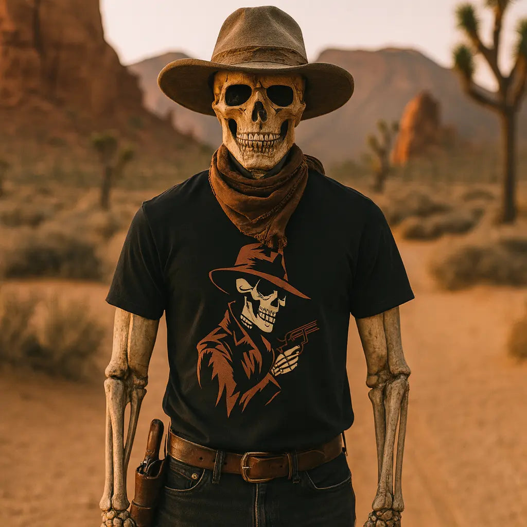 Skeleton Cowboy with Revolver Graphic Tee – DarkWildWest Unisex T-Shirt