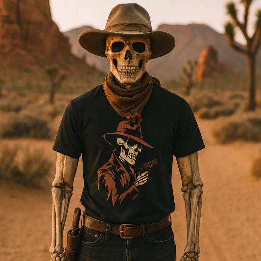 Skeleton Cowboy with Revolver Graphic Tee – DarkWildWest Unisex T-Shirt