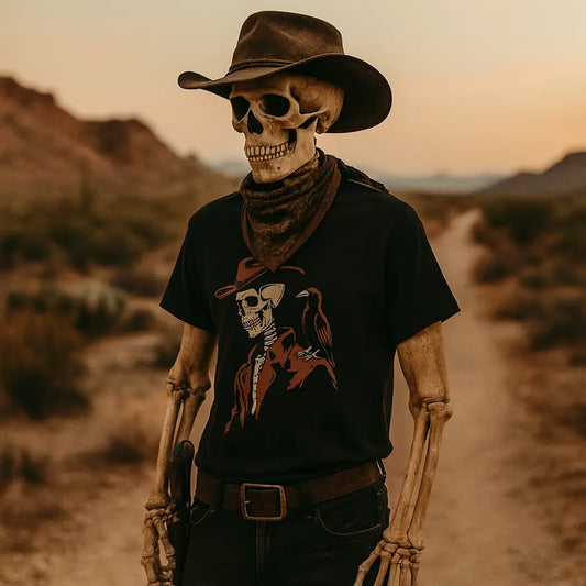 Skeleton Cowboy with Crow Graphic Tee – DarkWildWest Unisex T-Shirt