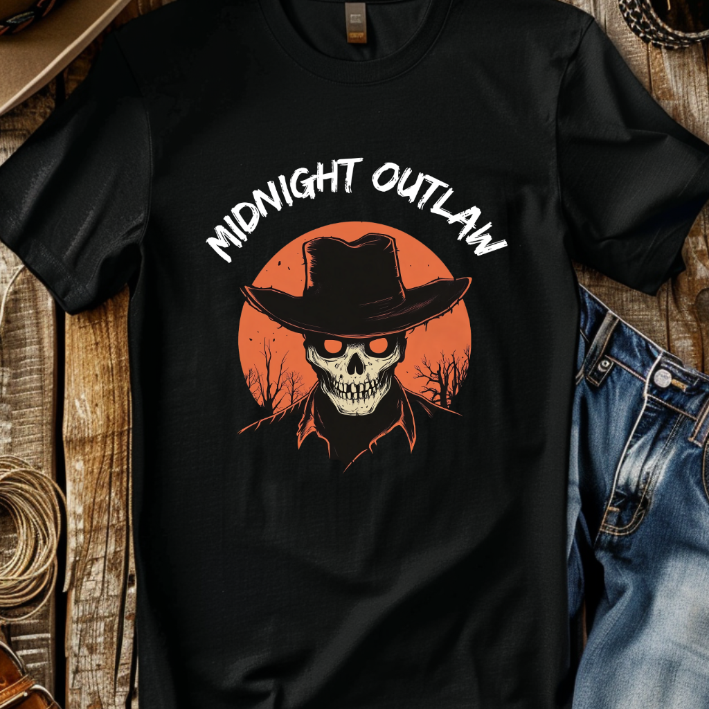 Midnight Outlaw Skull Cowboy T-Shirt – Dark Western Halloween Tee
