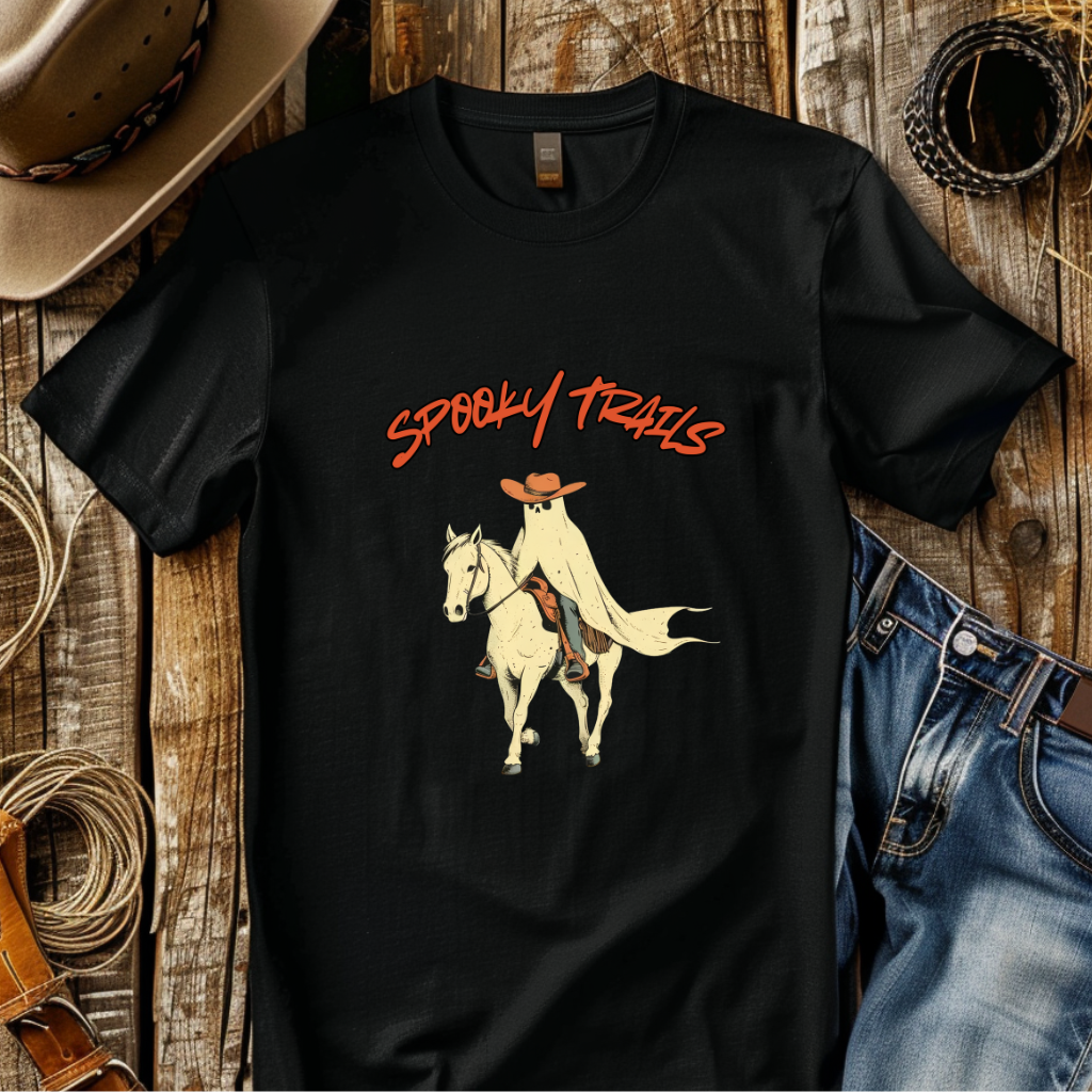 Spooky Trails Cowboy Ghost T-Shirt – Western Halloween Horse Rider Tee