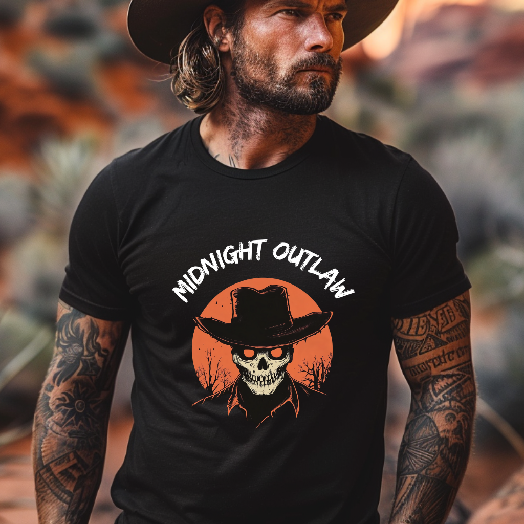 Midnight Outlaw Skull Cowboy T-Shirt – Dark Western Halloween Tee