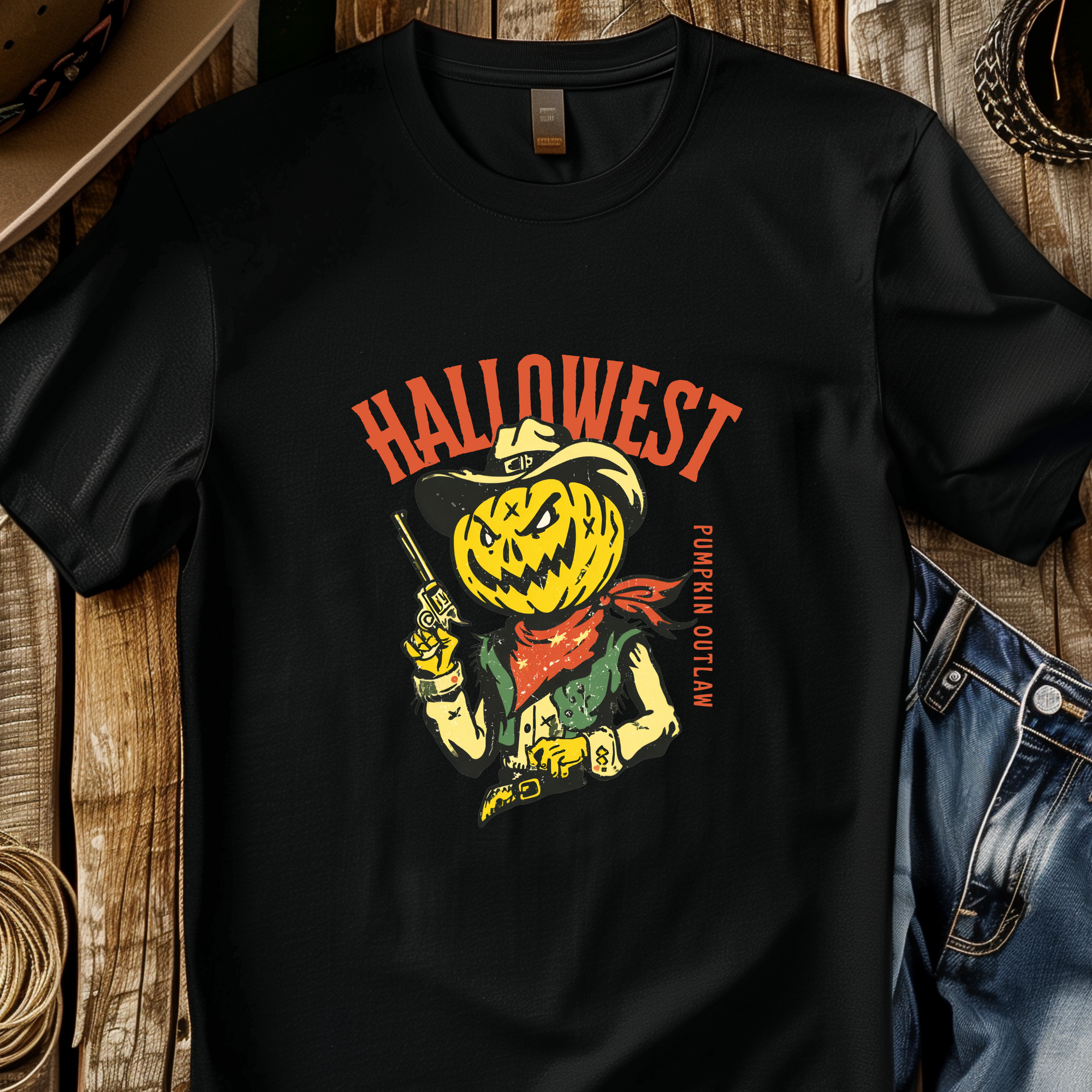 Pumpkin Gunslinger Halloween Cowboy T-Shirt – Dark Wild West Outlaw Style